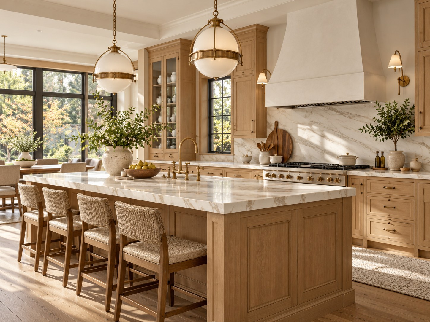 Warm light-filled kitchen with natural wood cabinetry, marble counters, and brass details